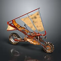 Three Wheeled Off Road Motorcycle With Red Frame Canvas Canopy And Deep Tread Tires