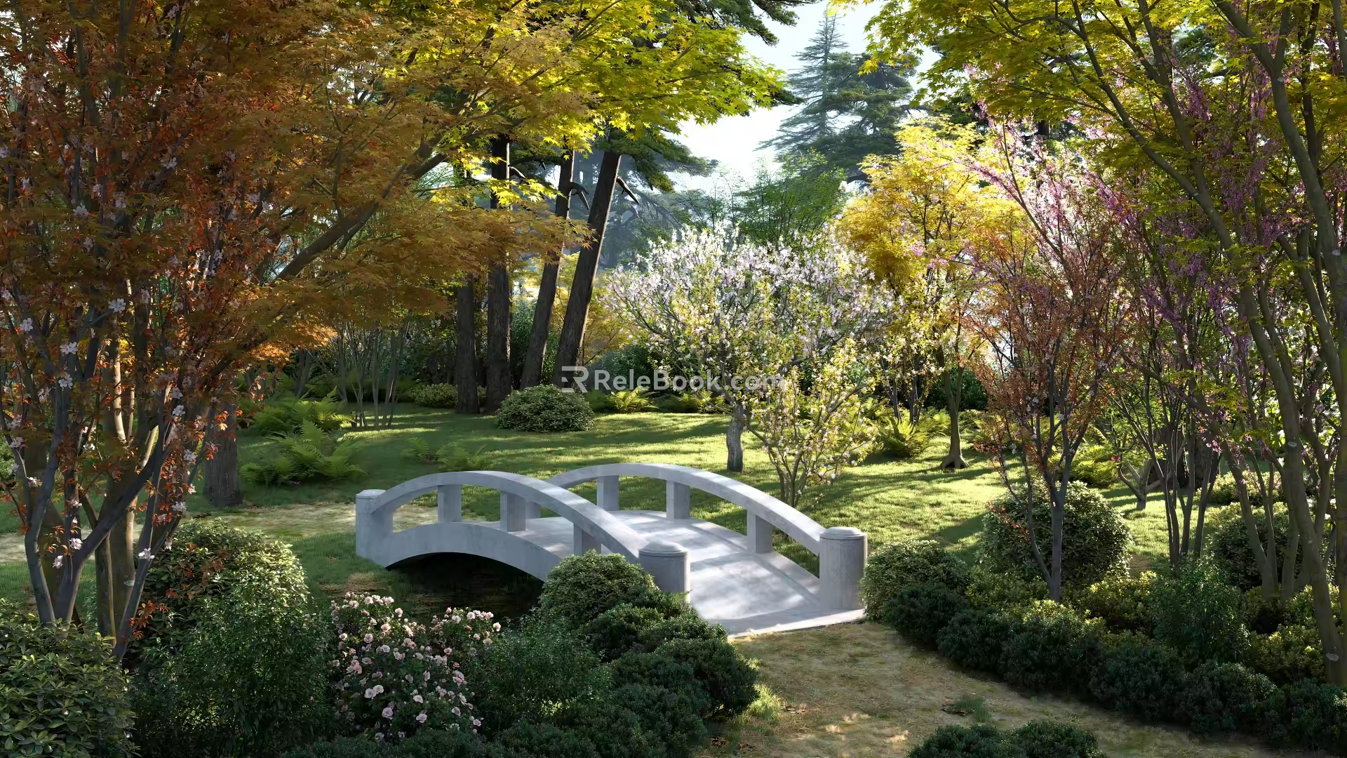 Forest Stone Bridge Park Maple Tree Acer Forest Cherry Blossom Hoof Cover Fern Bauhinia Magnolia Begonia Flower Red Leaf Plum Peach Blossom Tree Pomegranate Tree 3d model