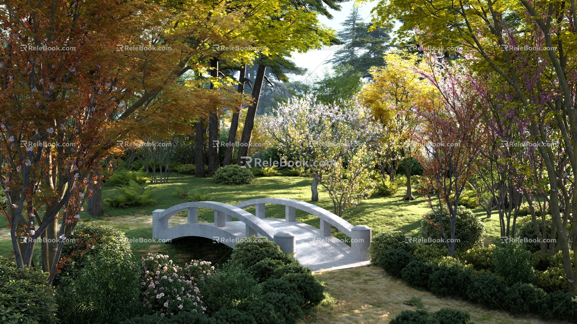 Forest Stone Bridge Park Maple Tree Acer Forest Cherry Blossom Hoof Cover Fern Bauhinia Magnolia Begonia Flower Red Leaf Plum Peach Blossom Tree Pomegranate Tree 3d model