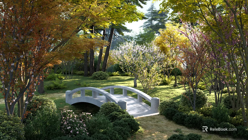 Serene Garden Landscape With White Bridge Colorful Trees And Lush Bushes 3d model 