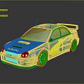 Subaru Rally Racing Car In Blue With Yellow Accents And Golden Wheels