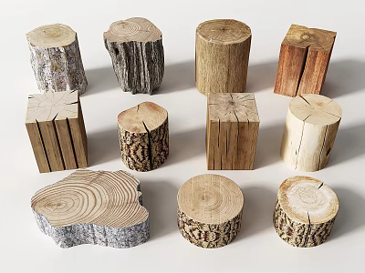 Various Shaped Wooden Stools Showcasing Natural Wood Texture And Rustic Design 3d model