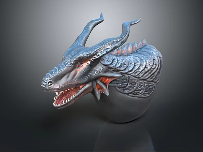 Game and Movie Character 3D Dragon Head Model With Blue Scales Red Eyes Open Mouth 3d model