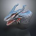 Game and Movie Character 3D Dragon Head Model With Blue Scales Red Eyes Open Mouth