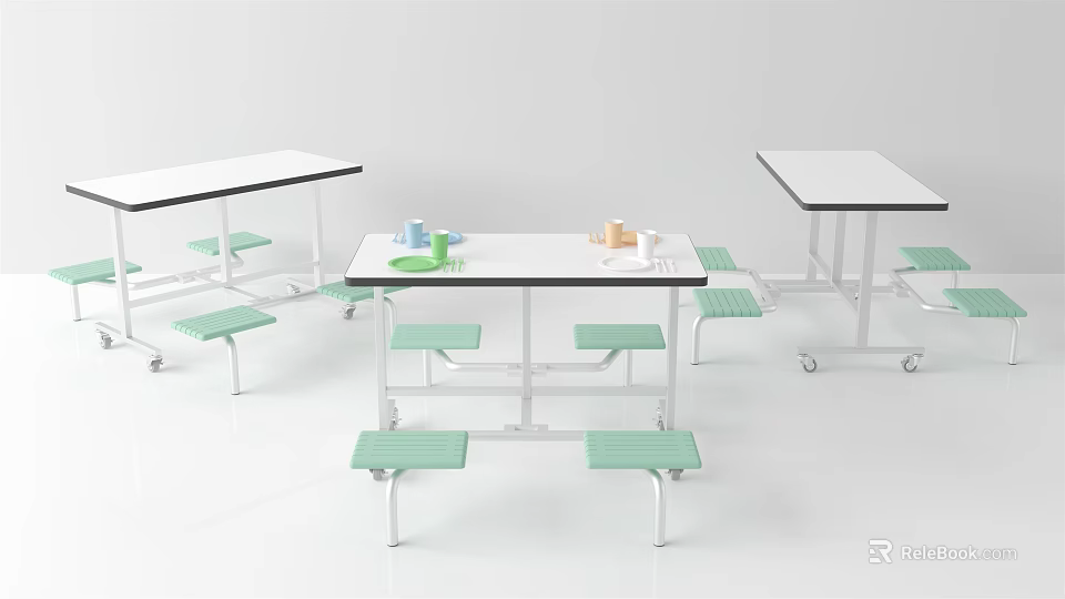 Simple Modern Dining Table Set With White Tabletop Green Benches And Metal Frame 3d model