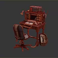 Vintage Wooden Computer Desk With Retro Typewriter Desk Lamp Office Chair And Backpack