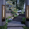 Scenic Park Landscape With Modern White Building Lattice Wall Pine Tree Stone Steps And Greenery