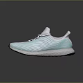 Light Blue And White Striped Athletic Shoes With White Laces And White Sole