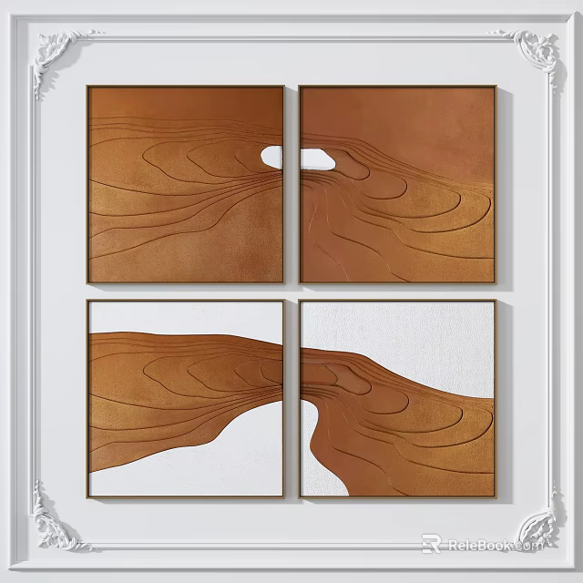 Abstract Painting Four Panel Design With Brown Wavy Lines And White Texture 3d model