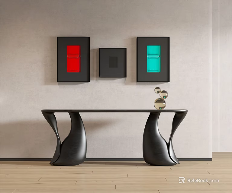 Modern Black Console Table with Abstract Red Green Black Paintings and Decorative Sculpture 3d model 