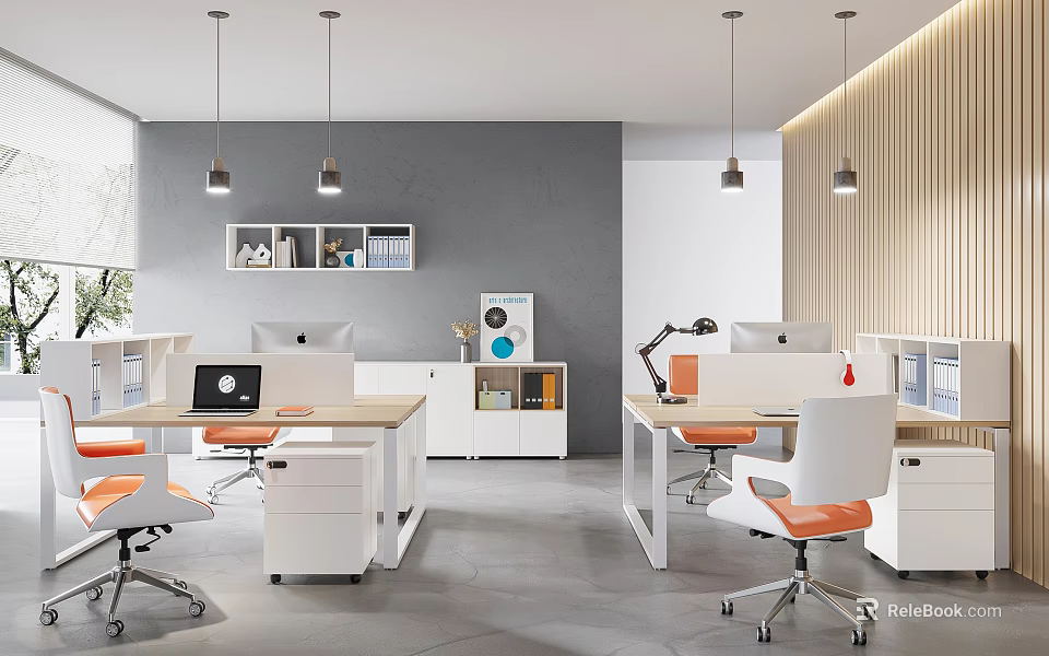 Modern Public Office Space Featuring Desks Orange Chairs Computers Pendant Lights And Shelves 3d model 