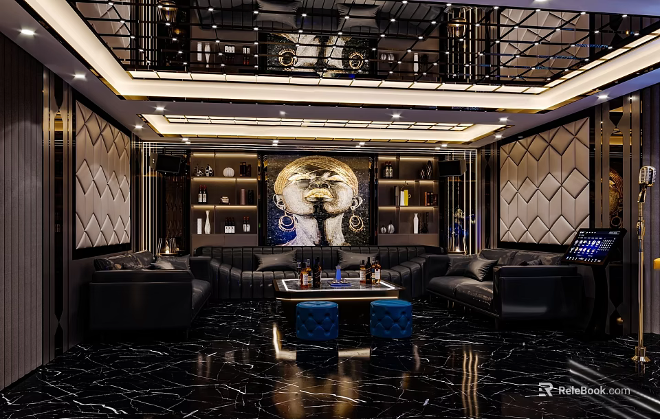 Luxury Modern KTV Interior Design With Black Leather Sofas And Mural Decor 3d model