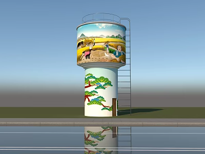 Painted Water Tower Featuring Rural Scene Mural Pine Tree Design Ladder And Water Reflection 3d model