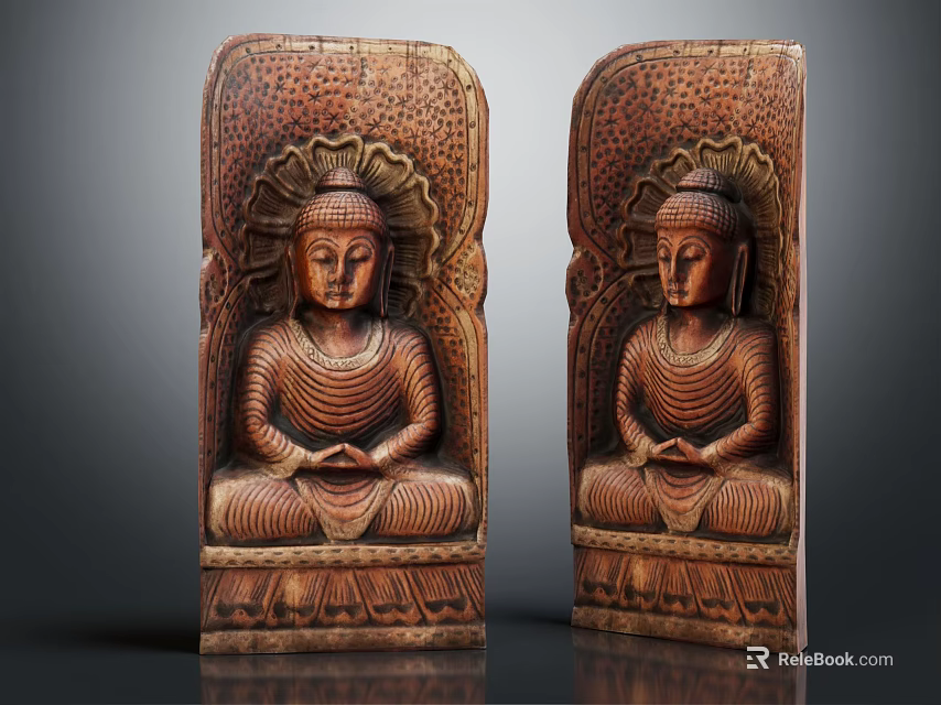 Traditional Wooden Buddha Sculpture Carving With Intricate Relief Details And Artistic Design 3d model 