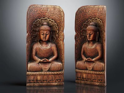 Traditional Wooden Buddha Sculpture Carving With Intricate Relief Details And Artistic Design 3d model