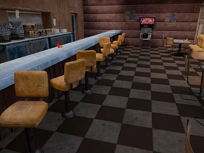 Classic Bar Interior With Checkerboard Floor Yellow Bar Stools And Wooden Counter 3d model