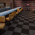 Classic Bar Interior With Checkerboard Floor Yellow Bar Stools And Wooden Counter