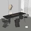 Modern Dark Tea Table And Geometric Chairs With Tea Set In Minimalist Interior
