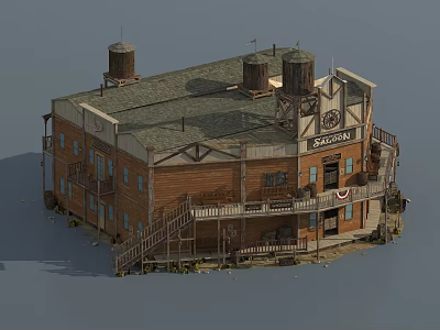 Old Western Saloon Building With Wooden Structure Water Towers On Roof Balcony And Staircase 3d model