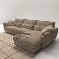Brown Sectional Sofa with Soft Cushions and Throw Blanket on Grid Pattern Rug 3d model
