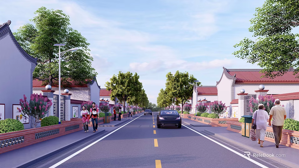 Urban Road Infrastructure With Yellow Dividing Lines Street Lamps Trees And Pedestrians 3d model 
