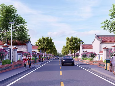 Urban Road Infrastructure With Yellow Dividing Lines Street Lamps Trees And Pedestrians 3d model