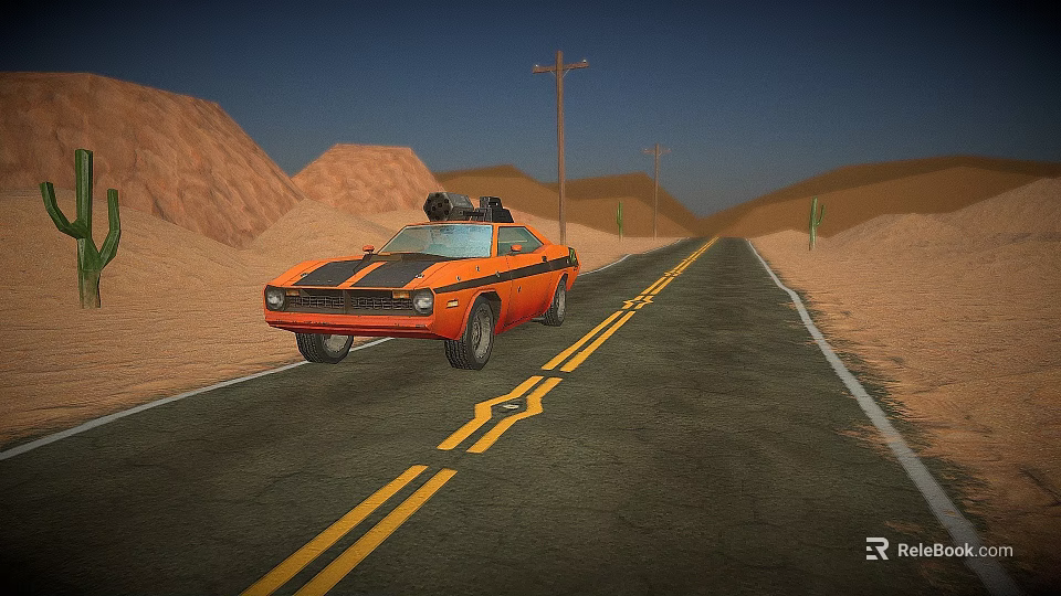 Orange Classic Car Driving On Desert Road With Roof Rack And Sand Dunes 3d model 