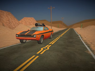 Orange Classic Car Driving On Desert Road With Roof Rack And Sand Dunes 3d model