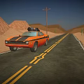 Orange Classic Car Driving On Desert Road With Roof Rack And Sand Dunes