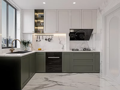 Modern Two Tone Kitchen With Marble Surfaces Built In Cabinets And Complete Cooking Appliances 3d model