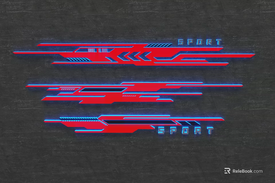 Sporty Red And Blue Decorative Strips With Geometric Patterns For Vehicles 3d model
