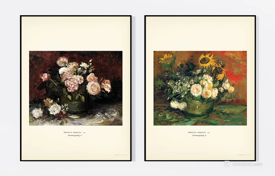Floral Art Prints With Rose And Sunflower Bouquets In Green Vases For Home Decor 3d model 