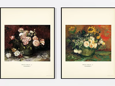 Floral Art Prints With Rose And Sunflower Bouquets In Green Vases For Home Decor 3d model
