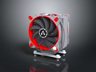 High Performance CPU Cooler With Red Frame Black Fan Gray Body And Central Logo 3d model