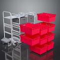 Red Stackable Storage Baskets Multiple Plastic Units With White Utility Cart For Organizing
