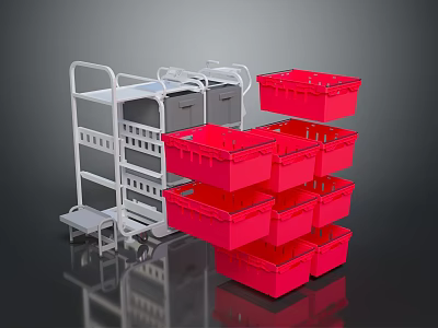 Red Stackable Storage Baskets Multiple Plastic Units With White Utility Cart For Organizing 3d model