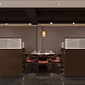 Sichuan Restaurant Interior Design With Wooden Reception Counter Hanging Lamps And Food Display Shelves