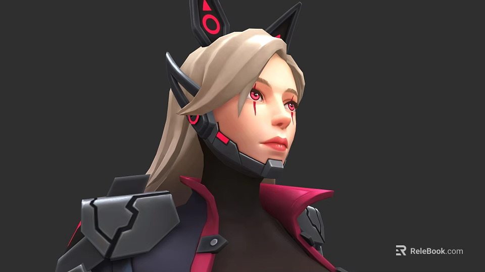 Futuristic Game and Movie Character With Cat Ear Headgear Blonde Hair Red Eyes Armored Outfit 3d model 
