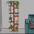 Various Bonsai Plants On Wooden Multi Tiered Shelf Next To Blue Sofa With Cushions