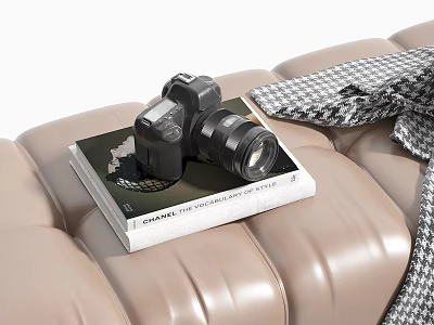 Modern Digital Camera Placed On Photography Book Over Leather Surface With Checkered Scarf 3d model