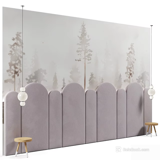 Modern Interior Featuring Gray Curved Screen Tree Pattern Backdrop Hanging Spherical Lamps And Wooden Stools 3d model 