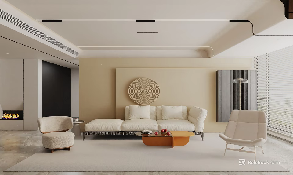Modern Minimalist Living Room Interior With Sofa Chairs Coffee Table And Circular Wall Art 3d model 