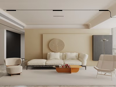 Modern Minimalist Living Room Interior With Sofa Chairs Coffee Table And Circular Wall Art 3d model
