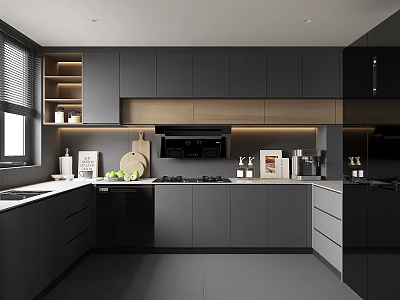 Modern Kitchen Interior Design With Gray Cabinets Countertop And Stainless Steel Appliances 3d model