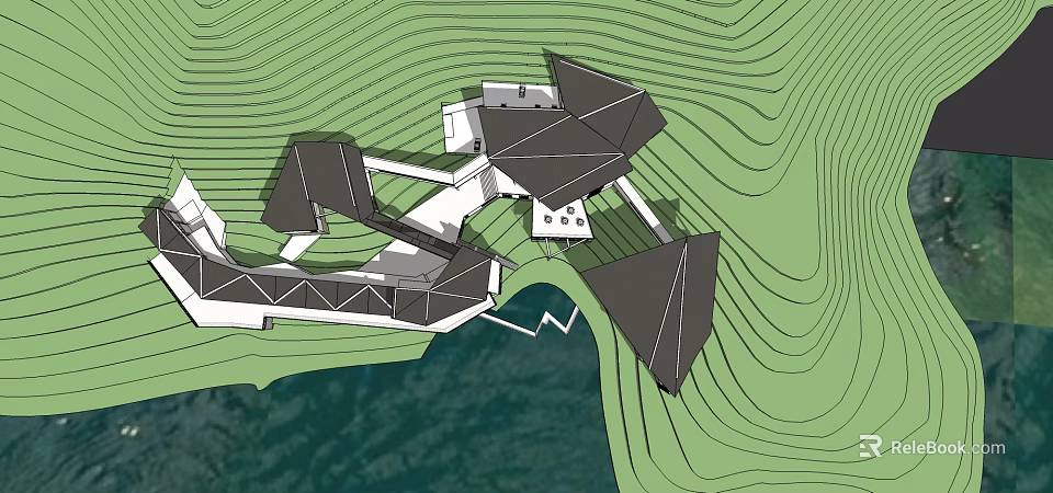Modern Boutique Guesthouse With Geometric Roof In Mountainous Green Landscape And Water View 3d model 