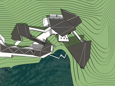 Modern Boutique Guesthouse With Geometric Roof In Mountainous Green Landscape And Water View 3d model