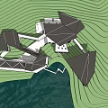 Modern Boutique Guesthouse With Geometric Roof In Mountainous Green Landscape And Water View