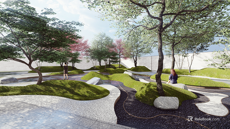 Serene Courtyard Garden With Green Lawns Tall Trees Pink Flowering Plants And Curved Stone Paths 3d model 