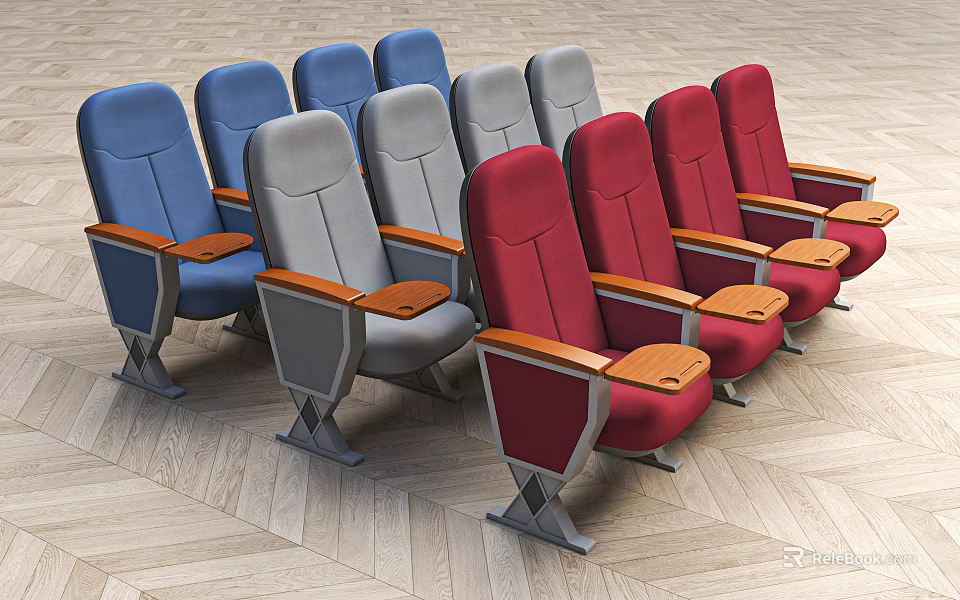 Comfortable Single Seats With Blue Gray Red Fabric Upholstery Wooden Armrests And Metal Legs 3d model 