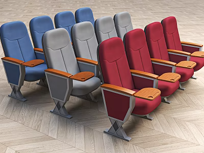Comfortable Single Seats With Blue Gray Red Fabric Upholstery Wooden Armrests And Metal Legs 3d model